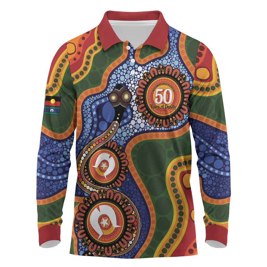 Australia NAIDOC Week 2026 Long Sleeve Polo Shirt 50 Years of Deadly Dhari Snake Aboriginal Art