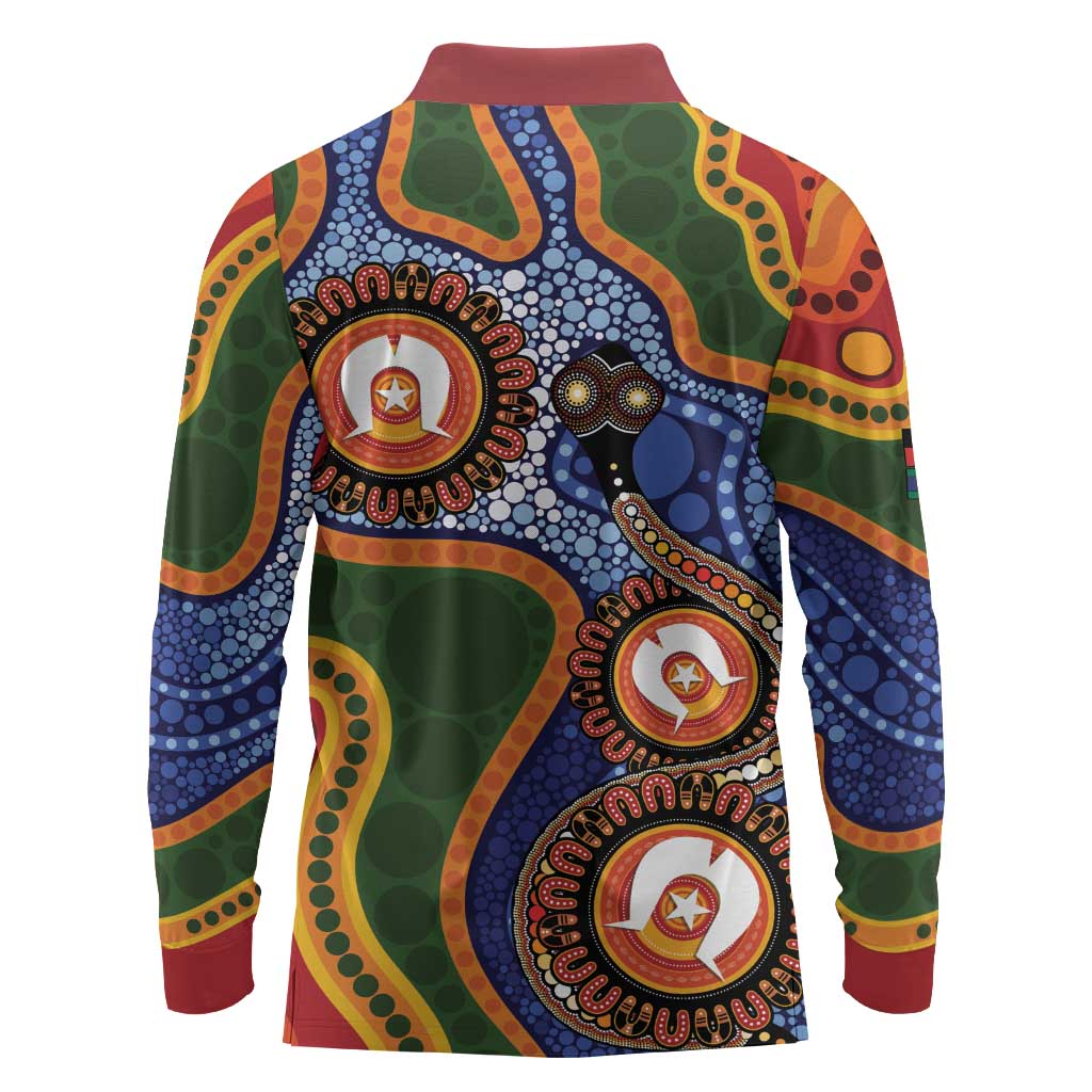 Australia NAIDOC Week 2026 Long Sleeve Polo Shirt 50 Years of Deadly Dhari Snake Aboriginal Art