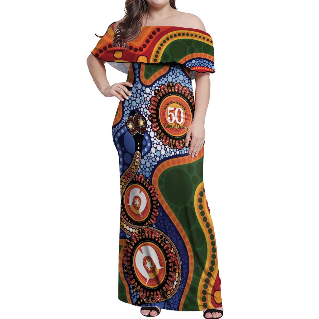 Australia NAIDOC Week 2026 Off Shoulder Maxi Dress 50 Years of Deadly Dhari Snake Aboriginal Art