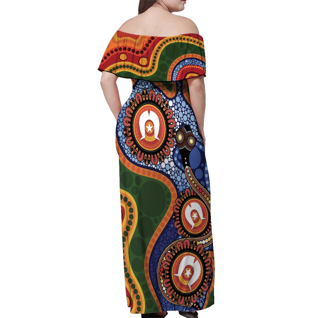 Australia NAIDOC Week 2026 Off Shoulder Maxi Dress 50 Years of Deadly Dhari Snake Aboriginal Art