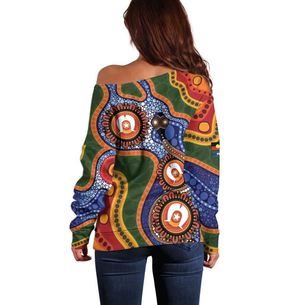 Australia NAIDOC Week 2026 Off Shoulder Sweater 50 Years of Deadly Dhari Snake Aboriginal Art