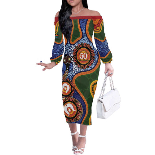 Australia NAIDOC Week 2026 Off The Shoulder Long Sleeve Dress 50 Years of Deadly Dhari Snake Aboriginal Art