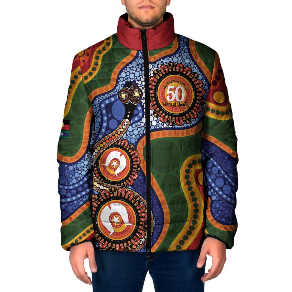 Australia NAIDOC Week 2026 Padded Jacket 50 Years of Deadly Dhari Snake Aboriginal Art