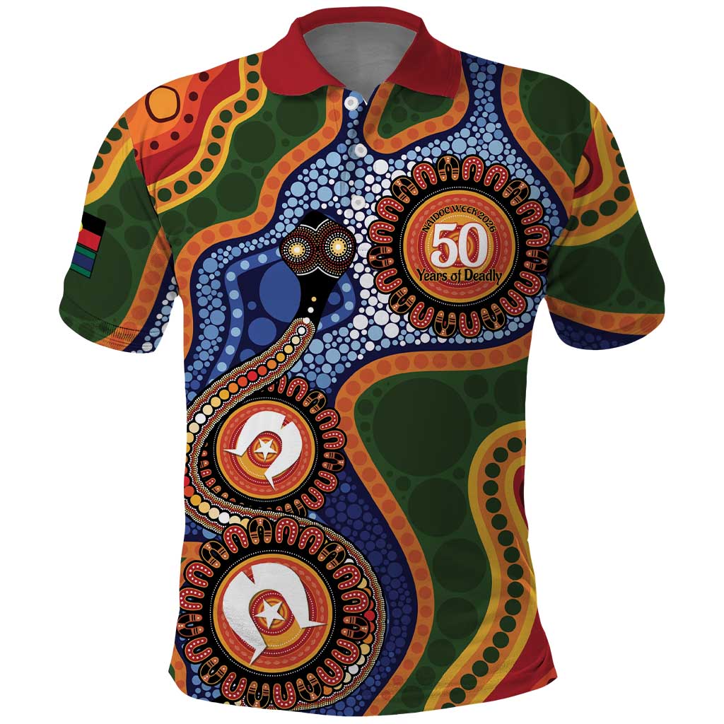 Australia NAIDOC Week 2026 Polo Shirt 50 Years of Deadly Dhari Snake Aboriginal Art