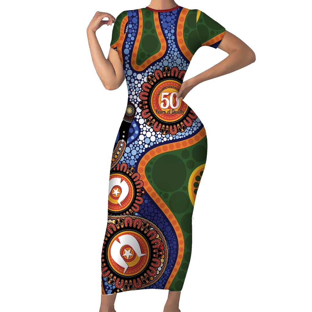 Australia NAIDOC Week 2026 Short Sleeve Bodycon Dress 50 Years of Deadly Dhari Snake Aboriginal Art
