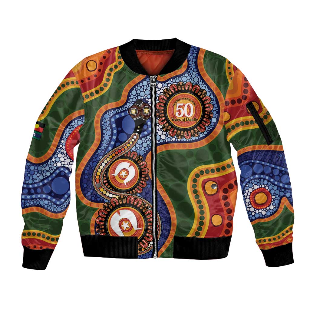Australia NAIDOC Week 2026 Sleeve Zip Bomber Jacket 50 Years of Deadly Dhari Snake Aboriginal Art