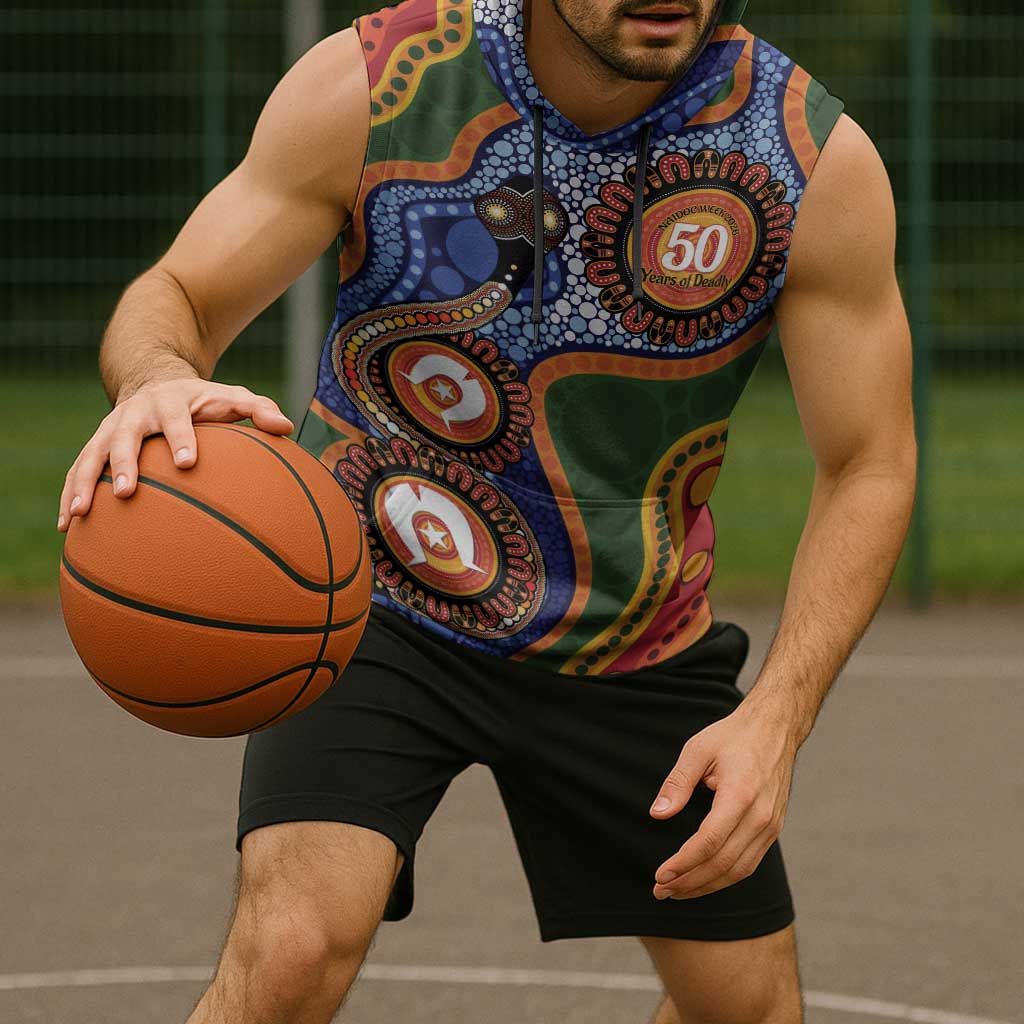 Australia NAIDOC Week 2026 Sleeveless Hoodie 50 Years of Deadly Dhari Snake Aboriginal Art