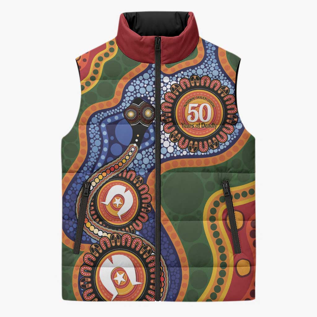 Australia NAIDOC Week 2026 Sleeveless Puffer Jacket 50 Years of Deadly Dhari Snake Aboriginal Art