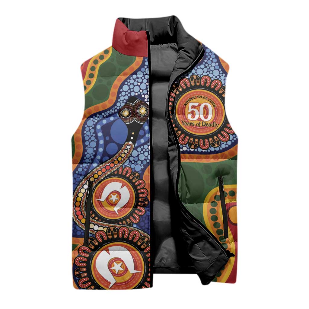 Australia NAIDOC Week 2026 Sleeveless Puffer Jacket 50 Years of Deadly Dhari Snake Aboriginal Art