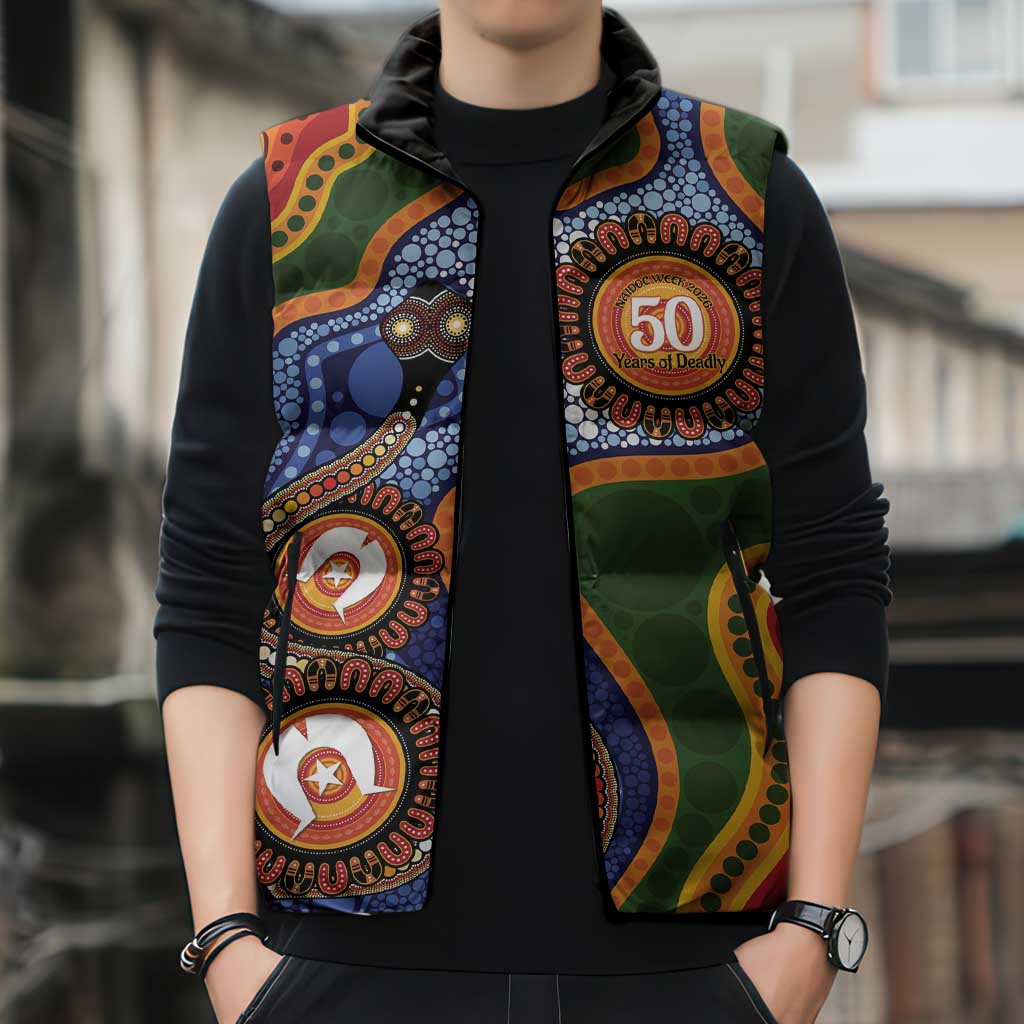 Australia NAIDOC Week 2026 Sleeveless Puffer Jacket 50 Years of Deadly Dhari Snake Aboriginal Art