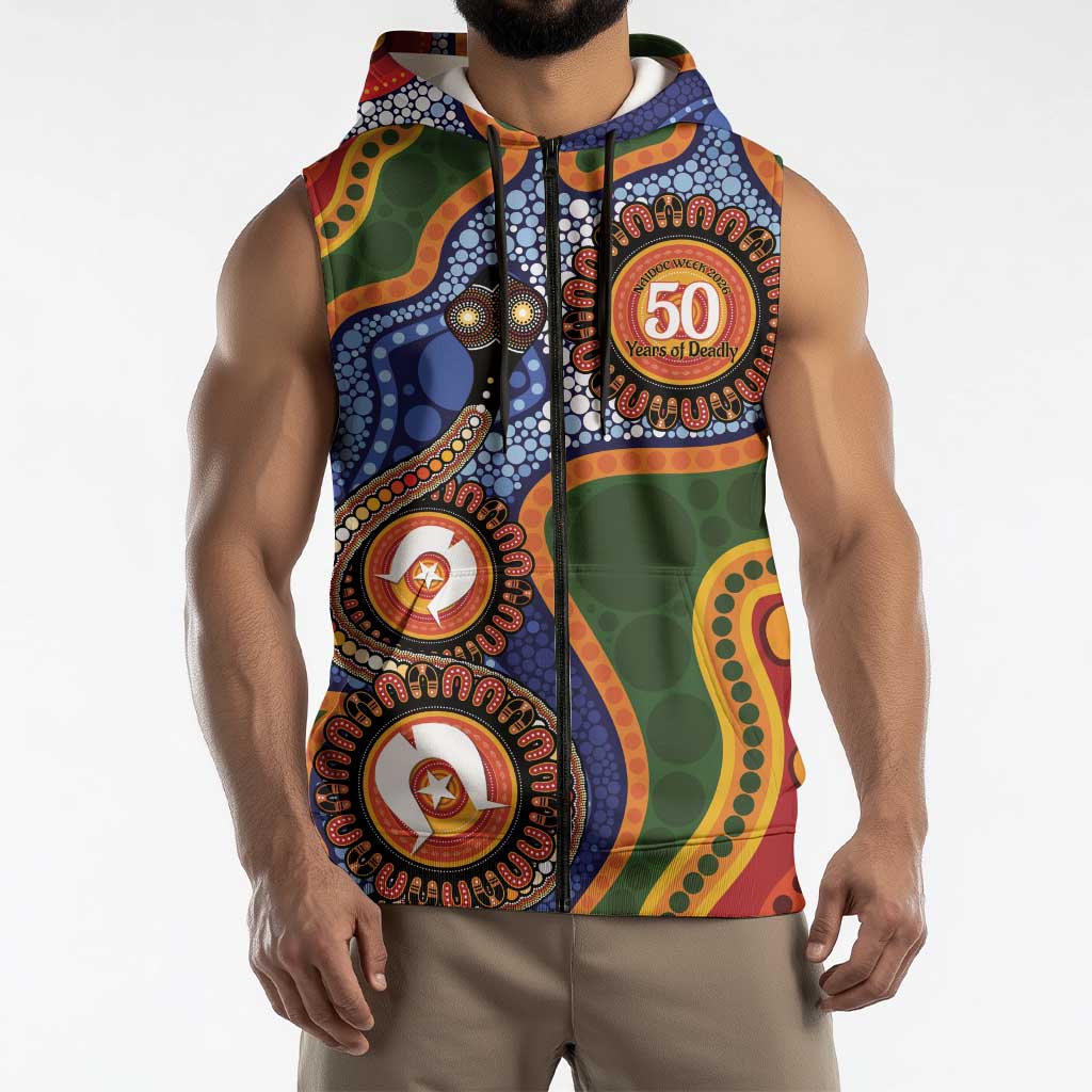 Australia NAIDOC Week 2026 Sleeveless Zip Hoodie 50 Years of Deadly Dhari Snake Aboriginal Art