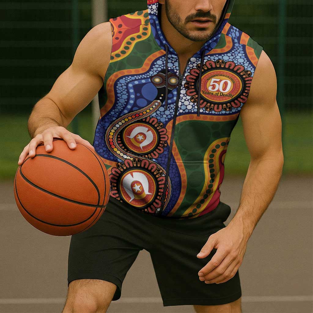 Australia NAIDOC Week 2026 Sleeveless Zip Hoodie 50 Years of Deadly Dhari Snake Aboriginal Art