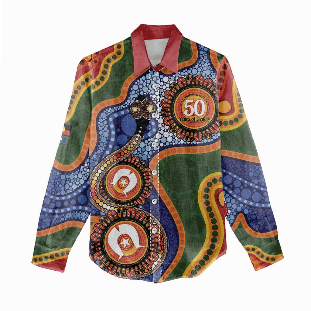 Australia NAIDOC Week 2026 Women Casual Shirt 50 Years of Deadly Dhari Snake Aboriginal Art