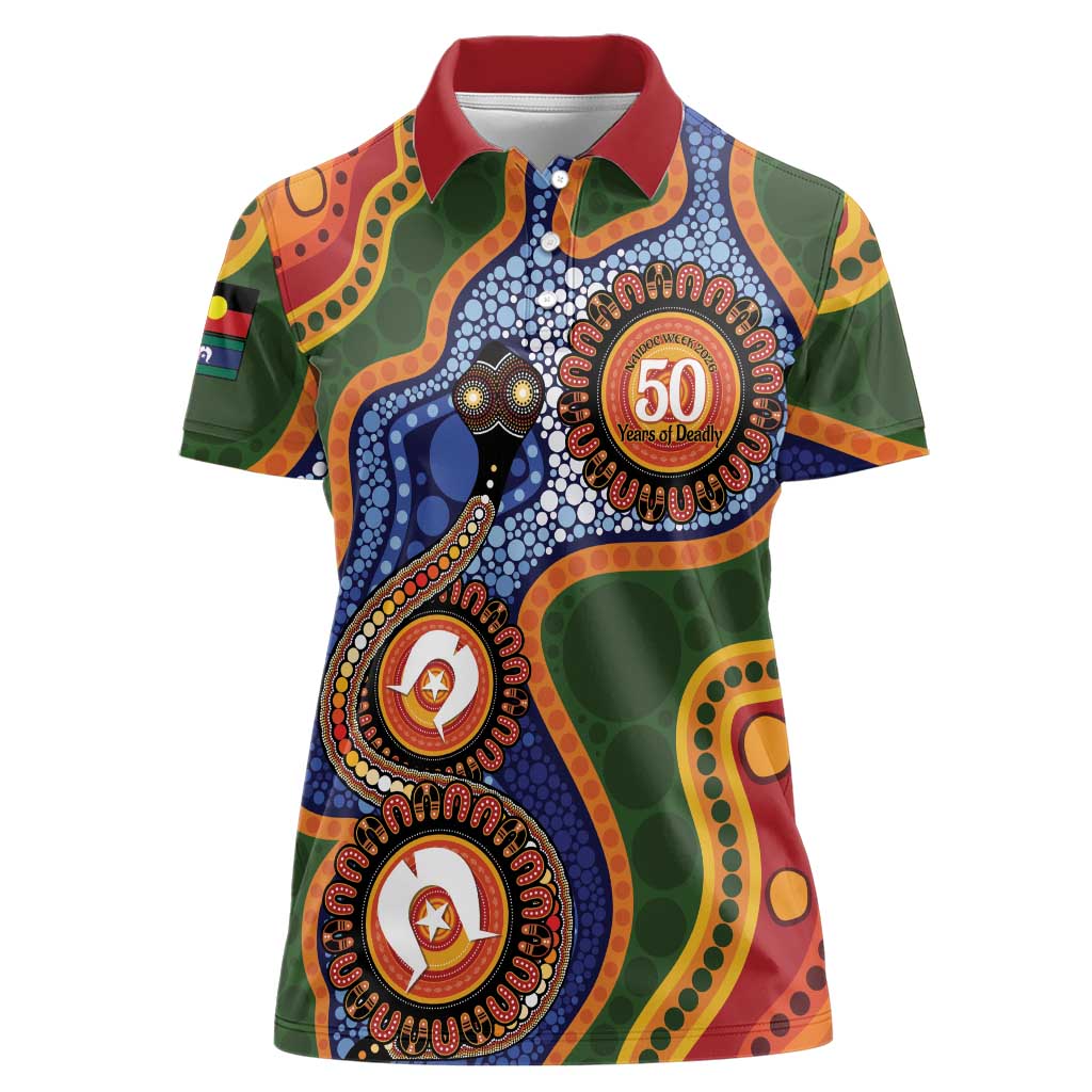 Australia NAIDOC Week 2026 Women Polo Shirt 50 Years of Deadly Dhari Snake Aboriginal Art
