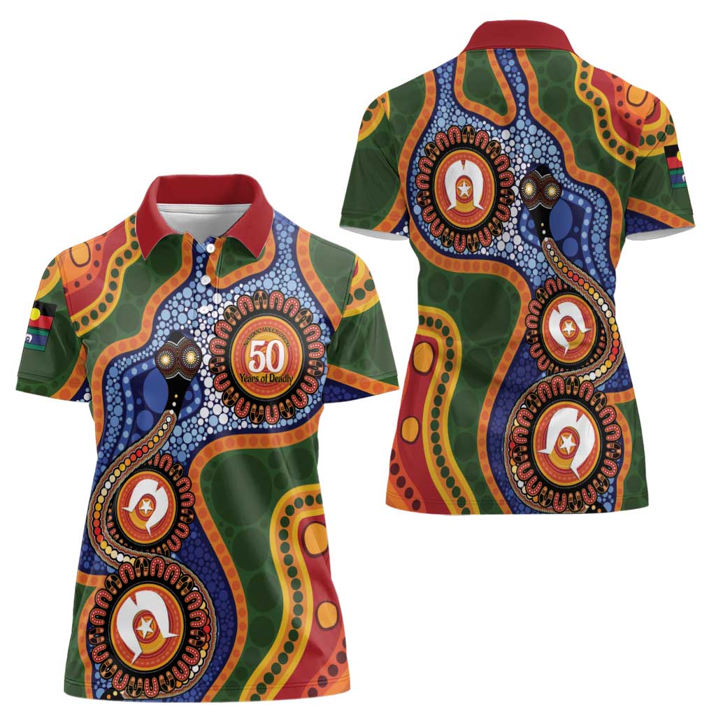 Australia NAIDOC Week 2026 Women Polo Shirt 50 Years of Deadly Dhari Snake Aboriginal Art