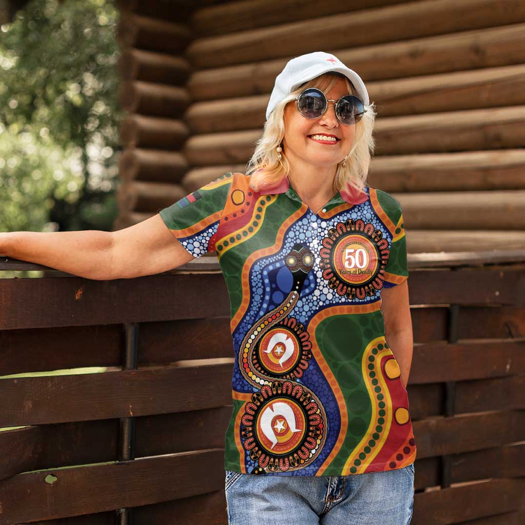 Australia NAIDOC Week 2026 Women Polo Shirt 50 Years of Deadly Dhari Snake Aboriginal Art