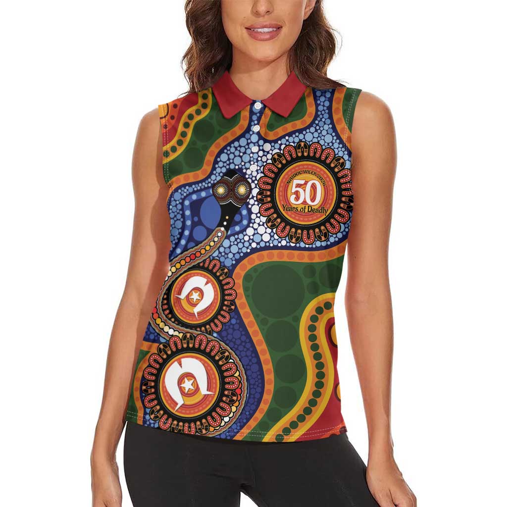 Australia NAIDOC Week 2026 Women Sleeveless Polo Shirt 50 Years of Deadly Dhari Snake Aboriginal Art