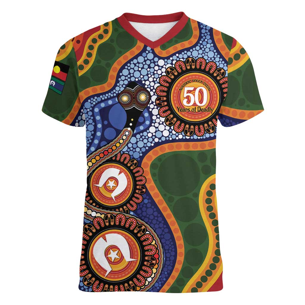 Australia NAIDOC Week 2026 Women V-Neck T-Shirt 50 Years of Deadly Dhari Snake Aboriginal Art