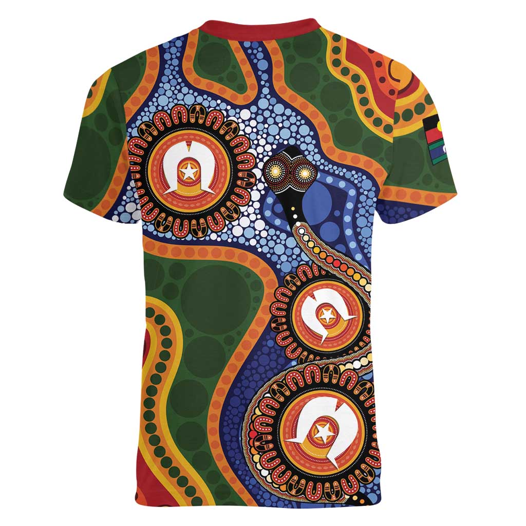 Australia NAIDOC Week 2026 Women V-Neck T-Shirt 50 Years of Deadly Dhari Snake Aboriginal Art