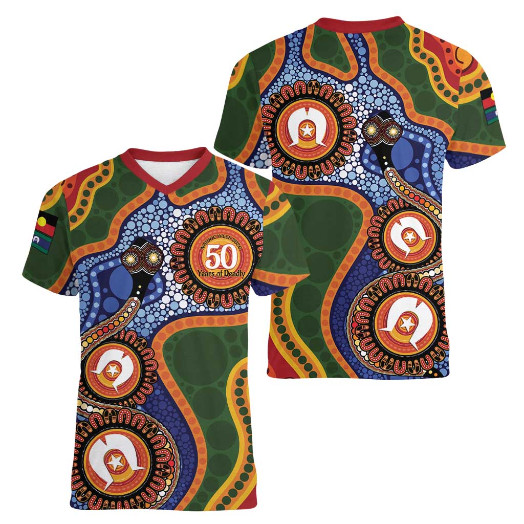 Australia NAIDOC Week 2026 Women V-Neck T-Shirt 50 Years of Deadly Dhari Snake Aboriginal Art