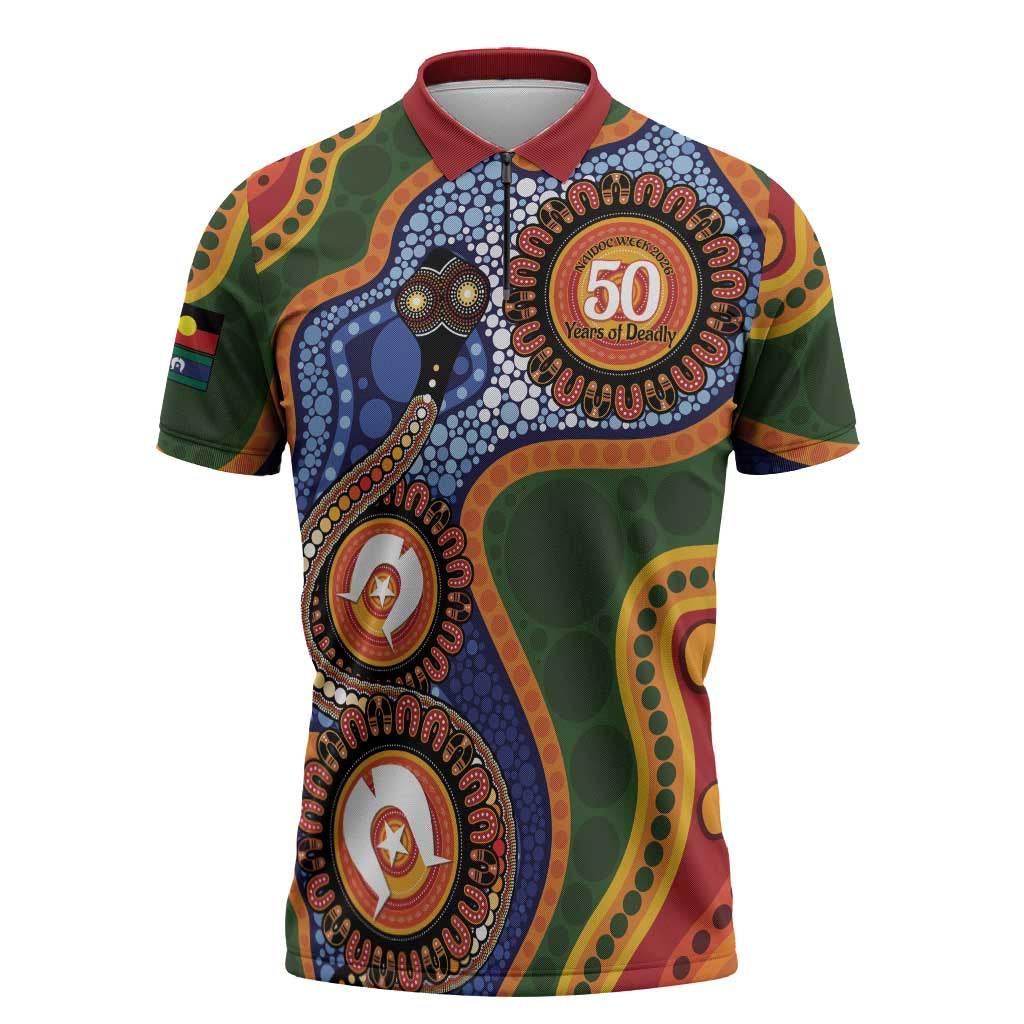 Australia NAIDOC Week 2026 Zipper Polo Shirt 50 Years of Deadly Dhari Snake Aboriginal Art