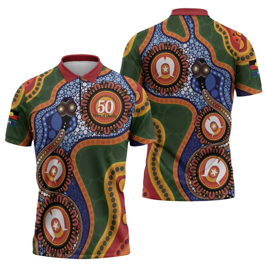 Australia NAIDOC Week 2026 Zipper Polo Shirt 50 Years of Deadly Dhari Snake Aboriginal Art