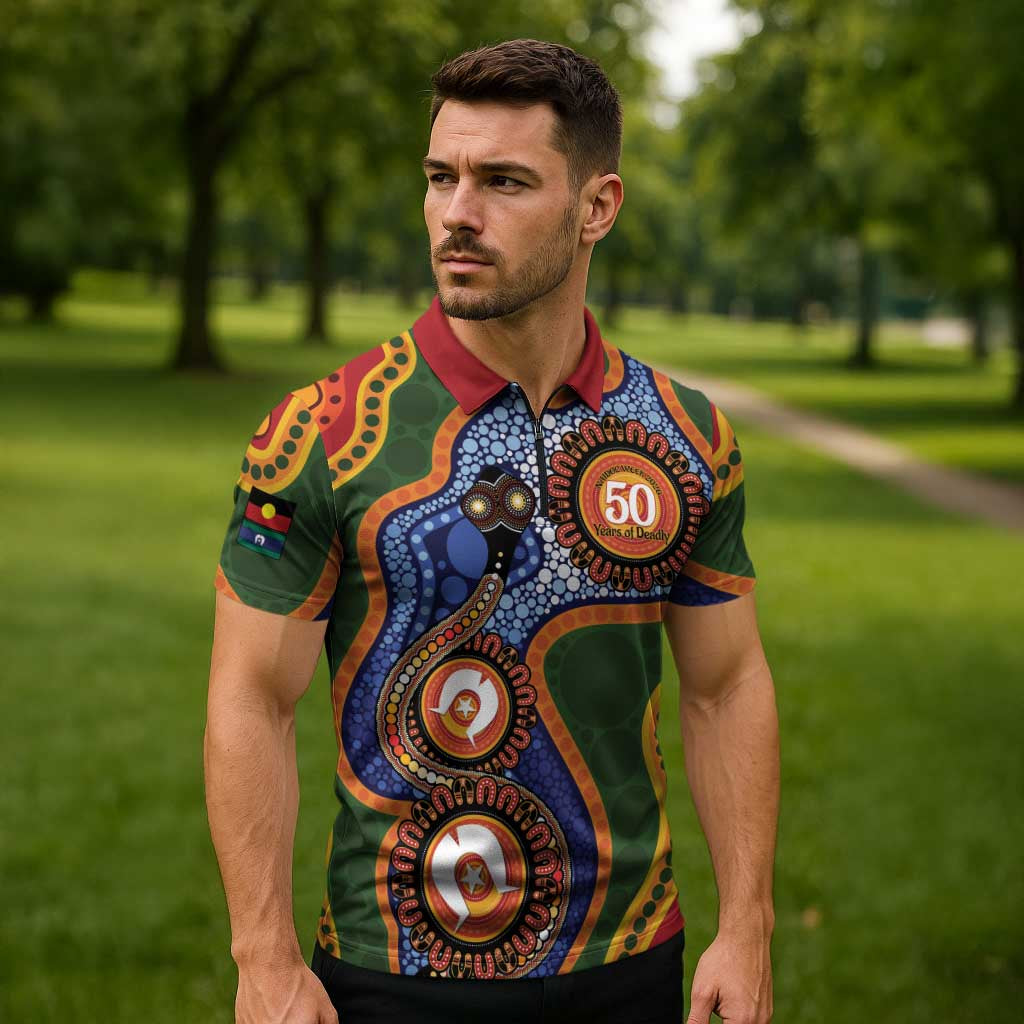 Australia NAIDOC Week 2026 Zipper Polo Shirt 50 Years of Deadly Dhari Snake Aboriginal Art
