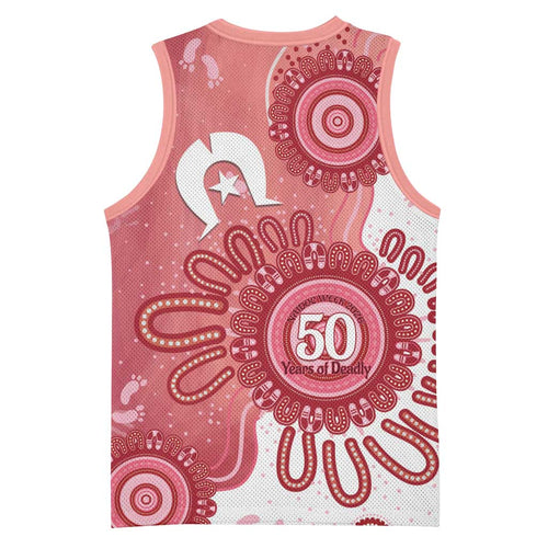 NAIDOC Week 2026 Basketball Jersey 50 Years Deadly Dhari Pink Aboriginal Art
