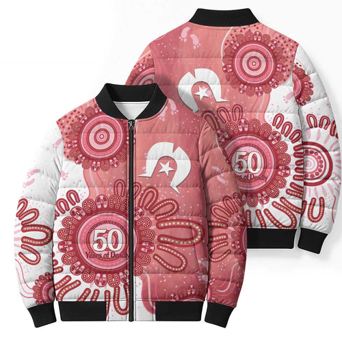 NAIDOC Week 2026 Bomber Puffer Jacket 50 Years Deadly Dhari Pink Aboriginal Art
