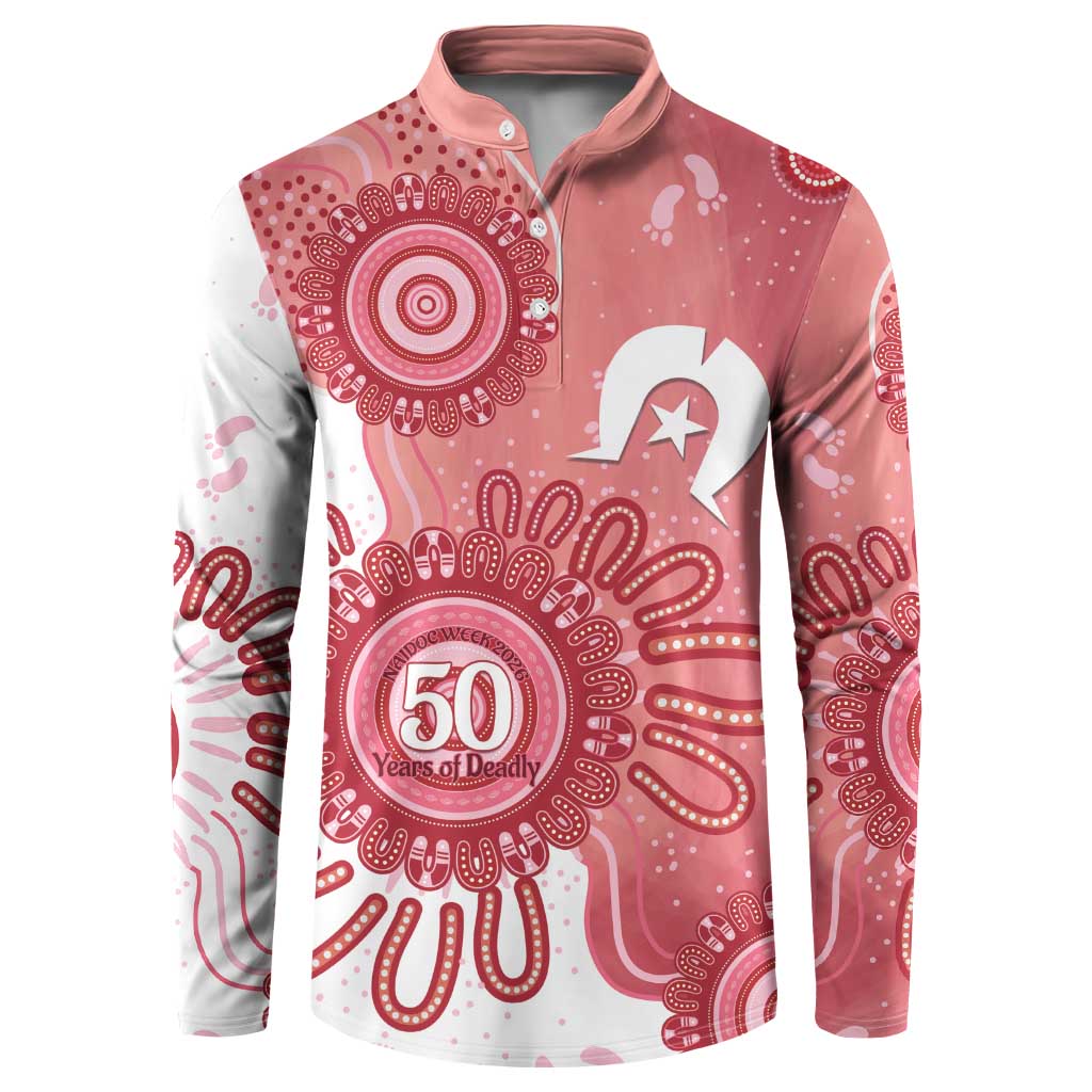 NAIDOC Week 2026 Button Sweatshirt 50 Years Deadly Dhari Pink Aboriginal Art