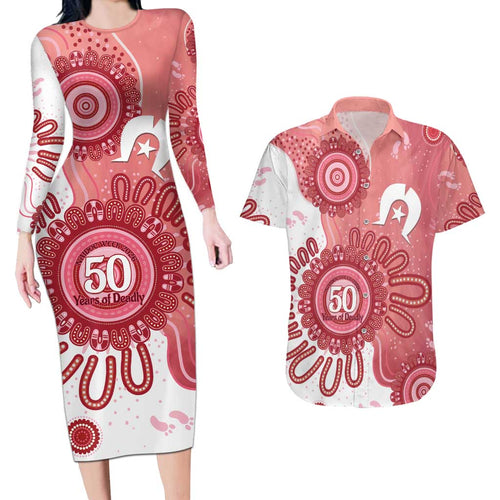 NAIDOC Week 2026 Couples Matching Long Sleeve Bodycon Dress and Hawaiian Shirt 50 Years Deadly Dhari Pink Aboriginal Art