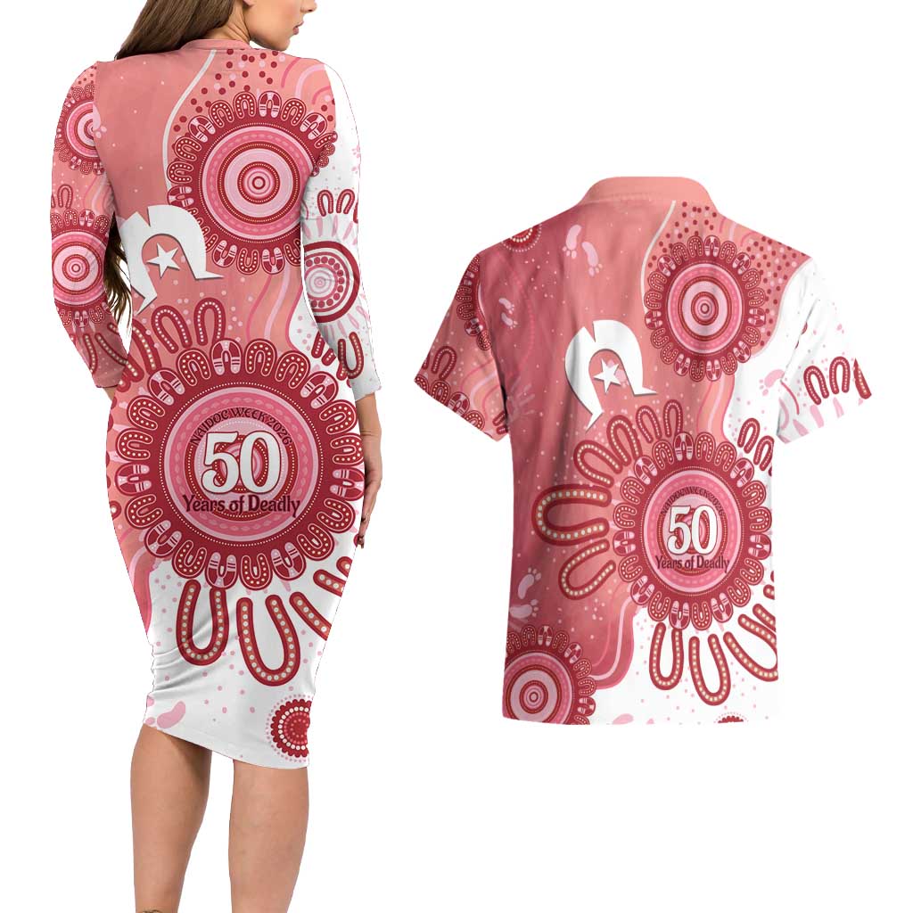 NAIDOC Week 2026 Couples Matching Long Sleeve Bodycon Dress and Hawaiian Shirt 50 Years Deadly Dhari Pink Aboriginal Art
