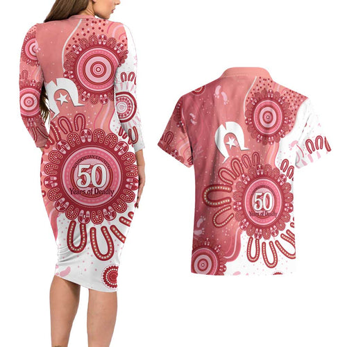NAIDOC Week 2026 Couples Matching Long Sleeve Bodycon Dress and Hawaiian Shirt 50 Years Deadly Dhari Pink Aboriginal Art