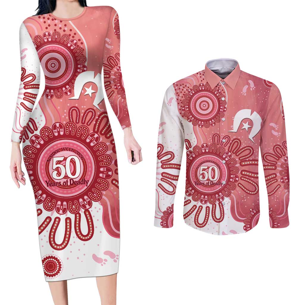 NAIDOC Week 2026 Couples Matching Long Sleeve Bodycon Dress and Long Sleeve Button Shirt 50 Years Deadly Dhari Pink Aboriginal Art