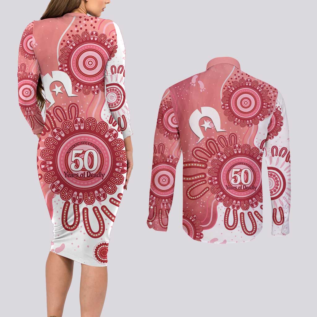 NAIDOC Week 2026 Couples Matching Long Sleeve Bodycon Dress and Long Sleeve Button Shirt 50 Years Deadly Dhari Pink Aboriginal Art