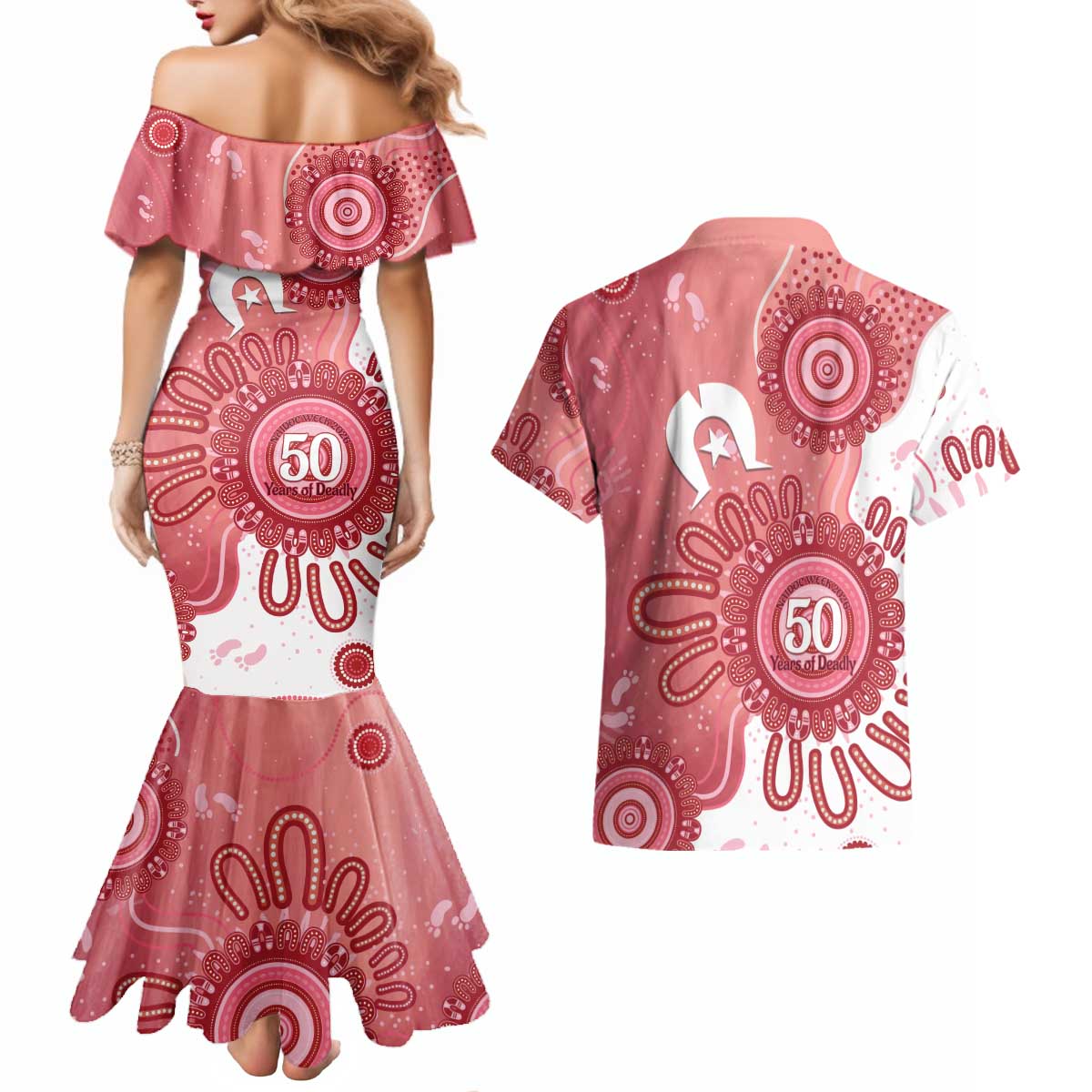NAIDOC Week 2026 Couples Matching Mermaid Dress and Hawaiian Shirt 50 Years Deadly Dhari Pink Aboriginal Art