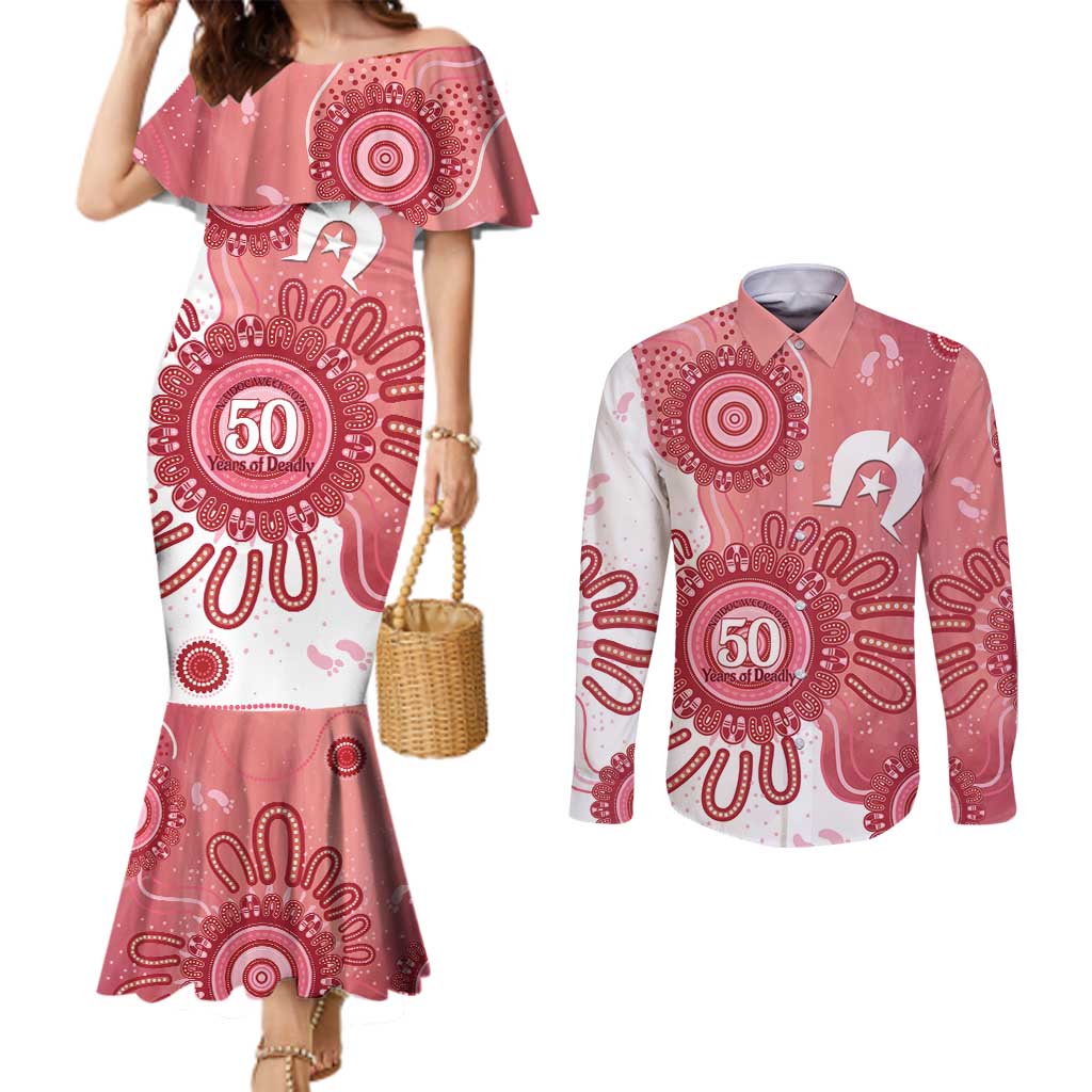 NAIDOC Week 2026 Couples Matching Mermaid Dress and Long Sleeve Button Shirt 50 Years Deadly Dhari Pink Aboriginal Art