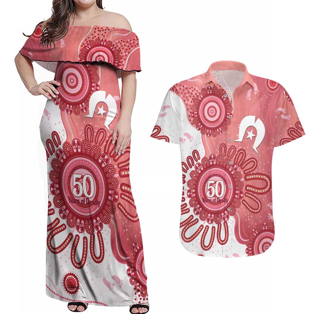 NAIDOC Week 2026 Couples Matching Off Shoulder Maxi Dress and Hawaiian Shirt 50 Years Deadly Dhari Pink Aboriginal Art