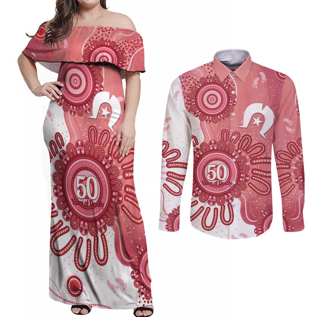 NAIDOC Week 2026 Couples Matching Off Shoulder Maxi Dress and Long Sleeve Button Shirt 50 Years Deadly Dhari Pink Aboriginal Art