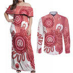 NAIDOC Week 2026 Couples Matching Off Shoulder Maxi Dress and Long Sleeve Button Shirt 50 Years Deadly Dhari Pink Aboriginal Art