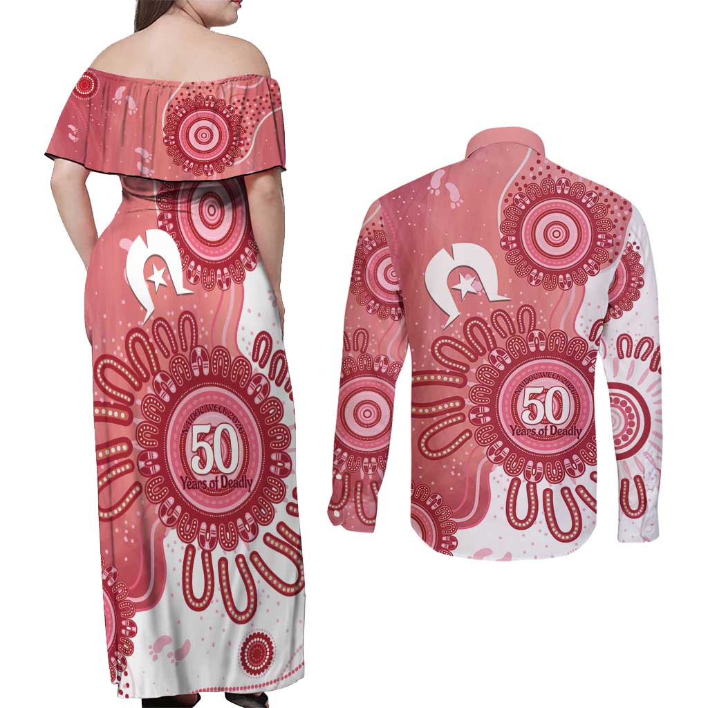 NAIDOC Week 2026 Couples Matching Off Shoulder Maxi Dress and Long Sleeve Button Shirt 50 Years Deadly Dhari Pink Aboriginal Art