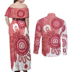 NAIDOC Week 2026 Couples Matching Off Shoulder Maxi Dress and Long Sleeve Button Shirt 50 Years Deadly Dhari Pink Aboriginal Art