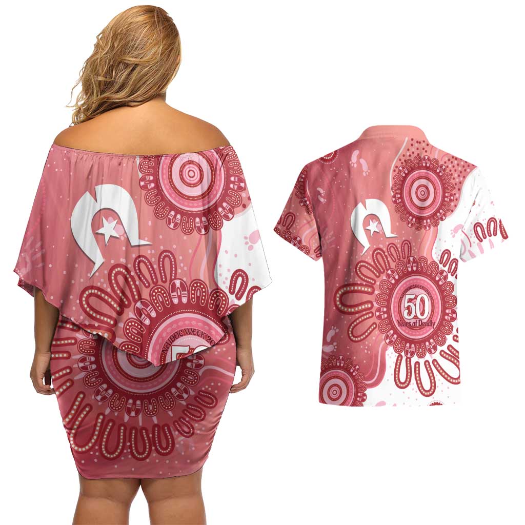 NAIDOC Week 2026 Couples Matching Off Shoulder Short Dress and Hawaiian Shirt 50 Years Deadly Dhari Pink Aboriginal Art