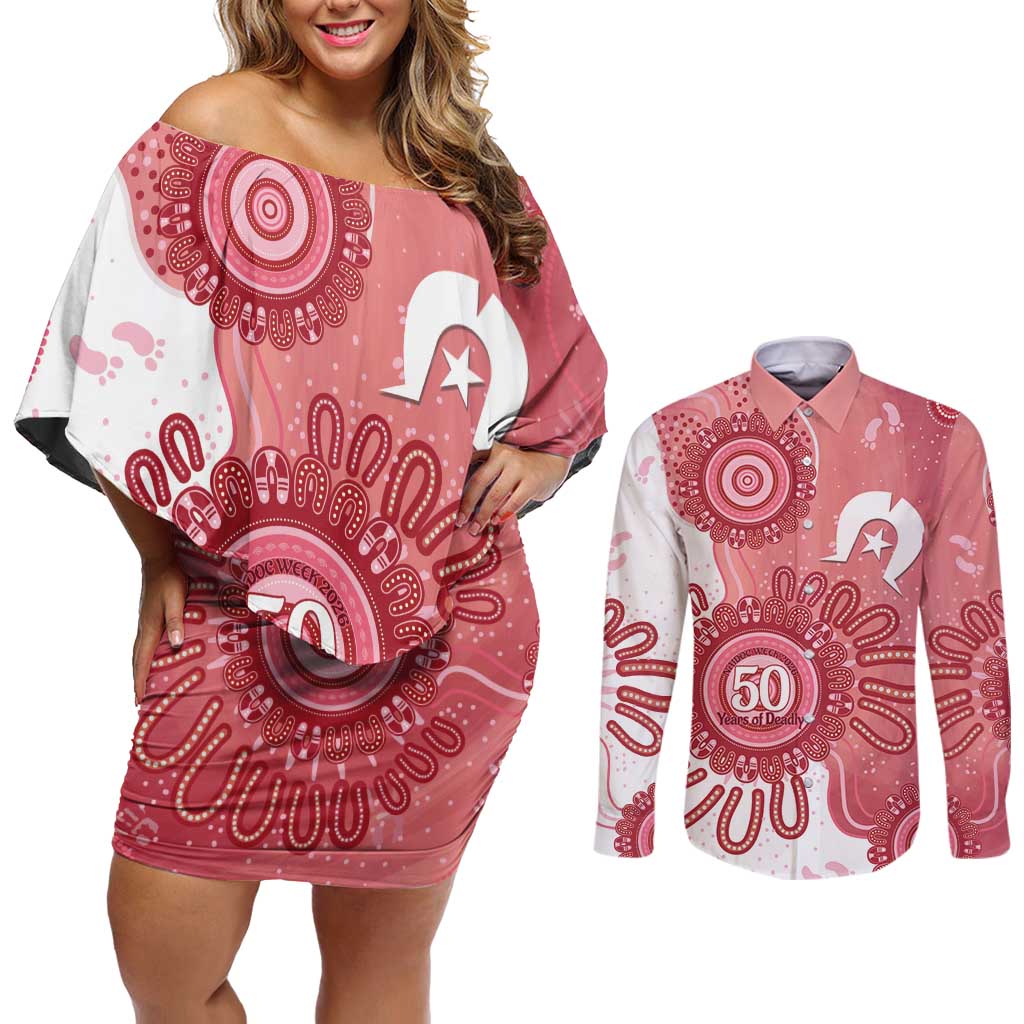 NAIDOC Week 2026 Couples Matching Off Shoulder Short Dress and Long Sleeve Button Shirt 50 Years Deadly Dhari Pink Aboriginal Art