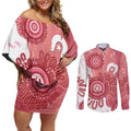 NAIDOC Week 2026 Couples Matching Off Shoulder Short Dress and Long Sleeve Button Shirt 50 Years Deadly Dhari Pink Aboriginal Art