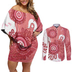 NAIDOC Week 2026 Couples Matching Off Shoulder Short Dress and Long Sleeve Button Shirt 50 Years Deadly Dhari Pink Aboriginal Art