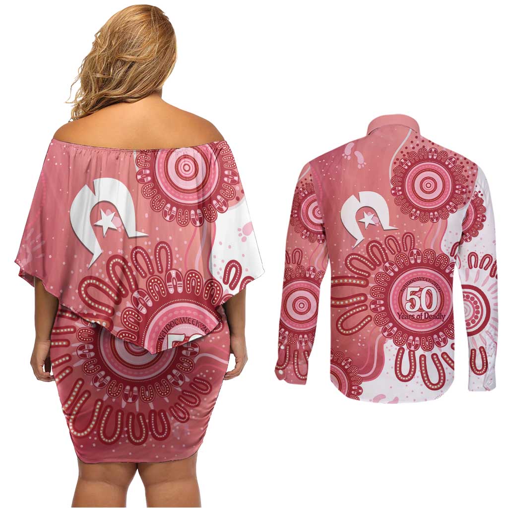 NAIDOC Week 2026 Couples Matching Off Shoulder Short Dress and Long Sleeve Button Shirt 50 Years Deadly Dhari Pink Aboriginal Art