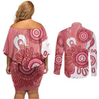 NAIDOC Week 2026 Couples Matching Off Shoulder Short Dress and Long Sleeve Button Shirt 50 Years Deadly Dhari Pink Aboriginal Art