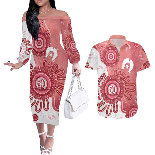 NAIDOC Week 2026 Couples Matching Off The Shoulder Long Sleeve Dress and Hawaiian Shirt 50 Years Deadly Dhari Pink Aboriginal Art