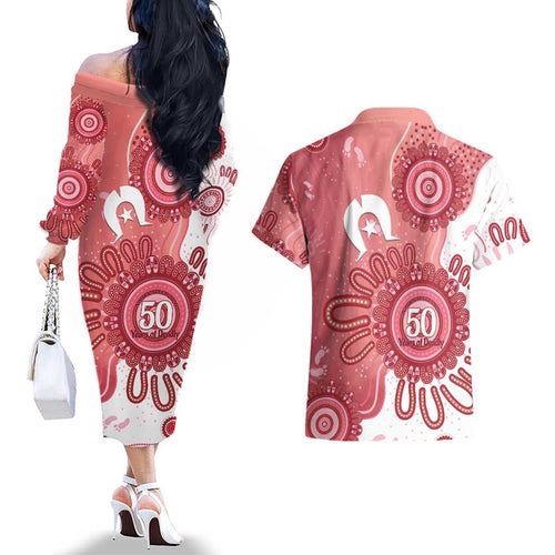 NAIDOC Week 2026 Couples Matching Off The Shoulder Long Sleeve Dress and Hawaiian Shirt 50 Years Deadly Dhari Pink Aboriginal Art